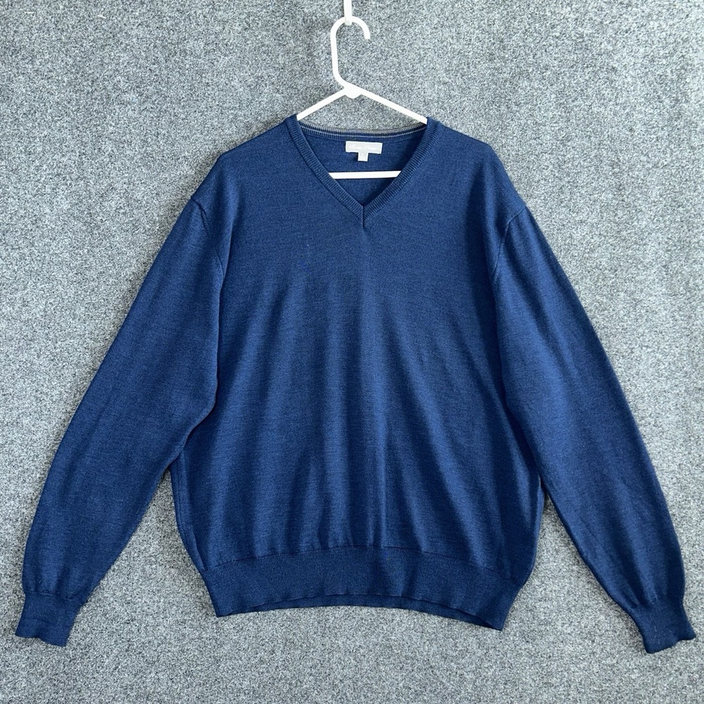 Toscano Firenze Men's XL 100% Merino Wool V-Neck Sweater – Blue EUC